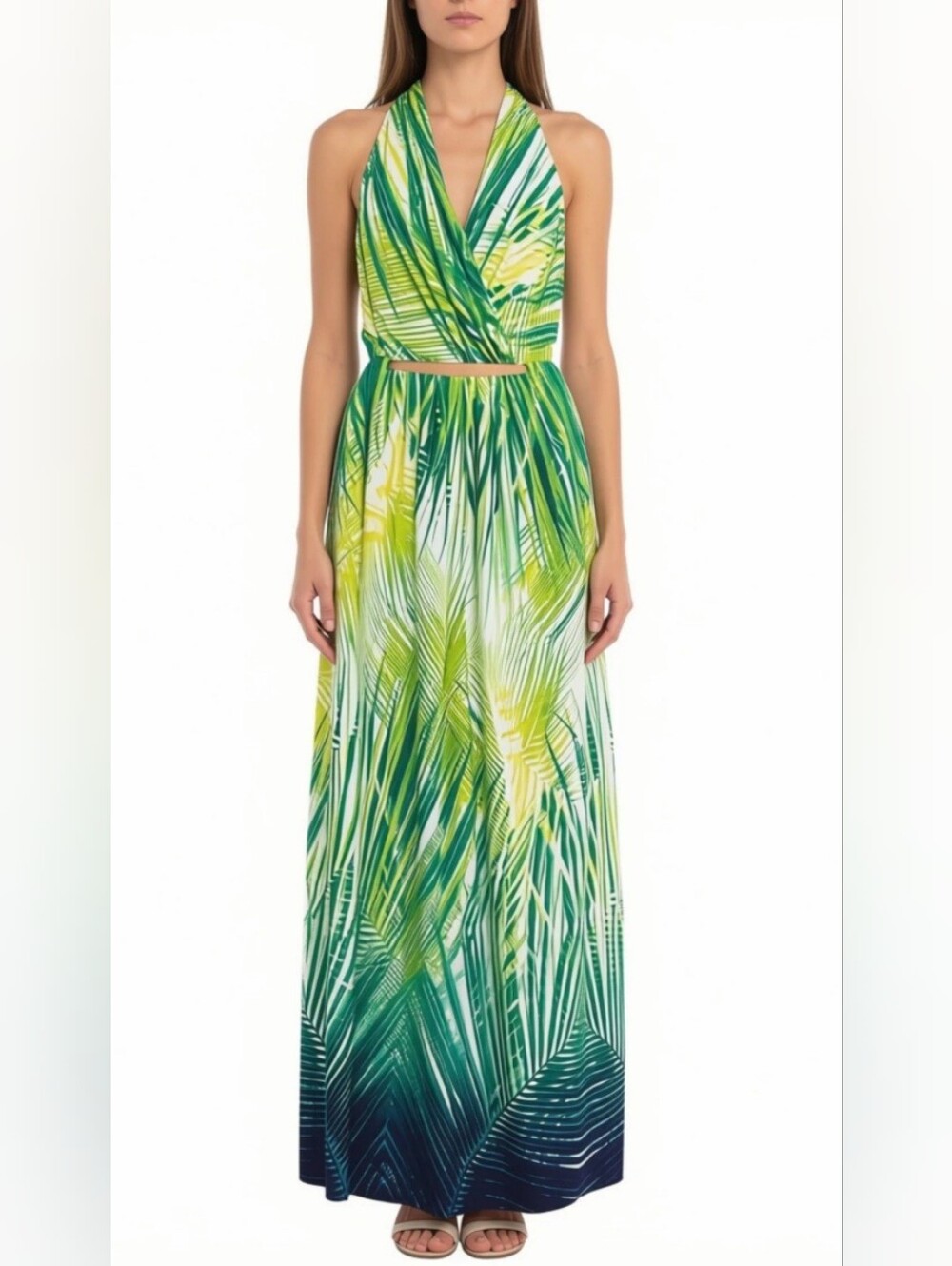 NWOT Laura Plus Green Palm Print Twist Strap Cross Frint Maxi Dress Sz 14